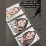 Screenshot Three digital caricature badges with portraits and names are displayed on a table with a black lanyard.